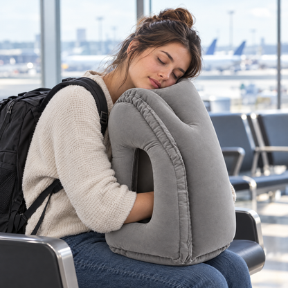 Mujer descansando en el aeropuerto con la almohada Nubeo