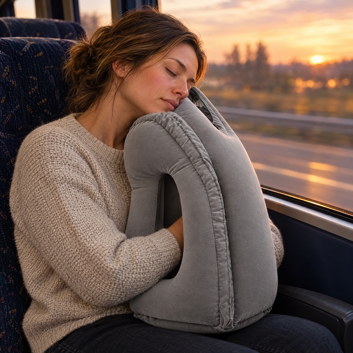 Mujer durmiendo en el bus con la almohada Nubeo