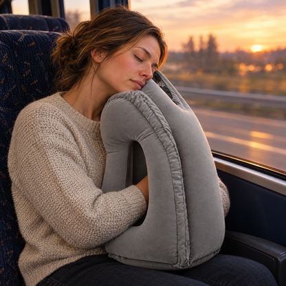 Mujer durmiendo en el bus con la almohada Nubeo